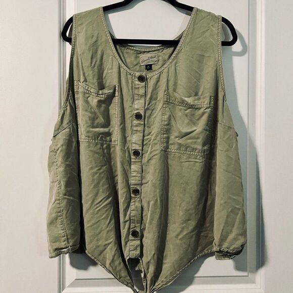 Green Khaki Sleeveless Tunic Tie Top - Picture 1 of 5